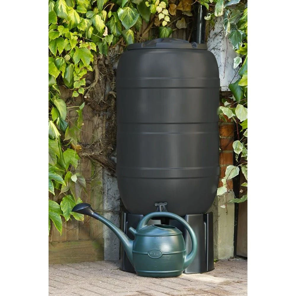Standard Black Barrel Water Butt 210 Litre With Stand And Diverter